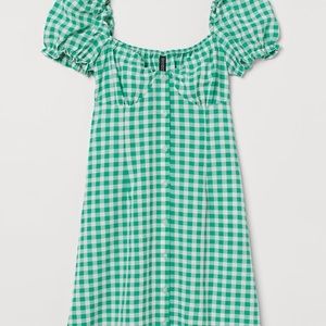 H&M Green & White Short A-line Dress gingham seersucker puff sleeve size Small